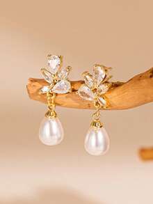 2 件铜锆石珍珠耳钉，优雅精致的新娘婚礼耳环，百搭迷人的配饰 - 耳環 - 查看 4