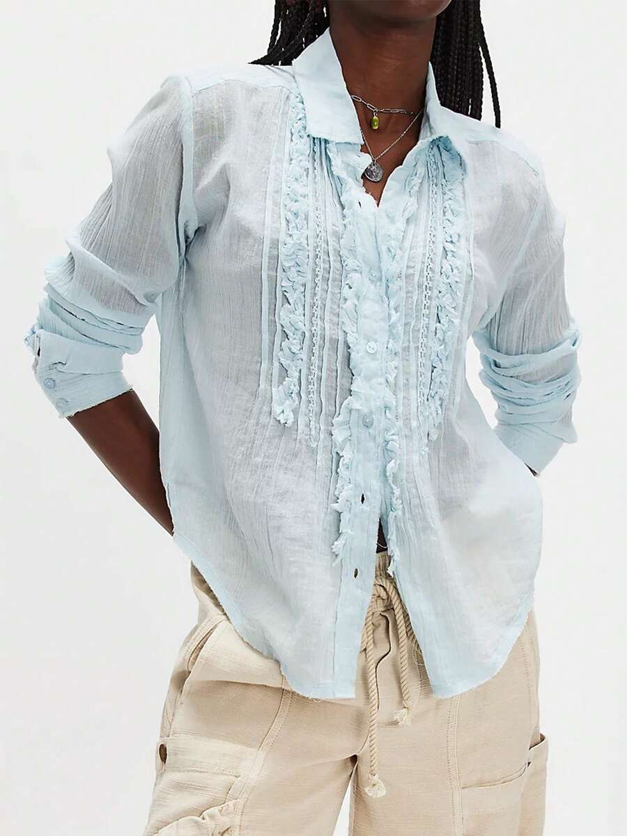 Womens Long Sleeve Button Down Shirts Collared Work Frill Casual Shirts Dressy Slim Fit Tops Blouse - Màu xanh lam - Xem 1