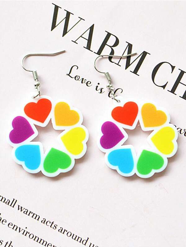 1 Pair Rainbow Series 2D Heart Shaped Mouth 6-Petal Acrylic Earrings, European And American Style