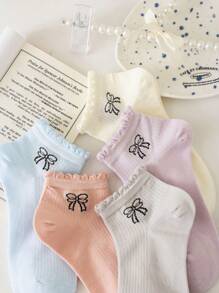 5/10 par krótkich skarpetek zdobionych kokardką, koronkowe wykończenie, śliczne skarpetki do kostki z niskim wycięciem, miękkie, oddychające, modne skarpetki żeglarskie, odpowiednie do codziennego noszenia, latem i jesienią