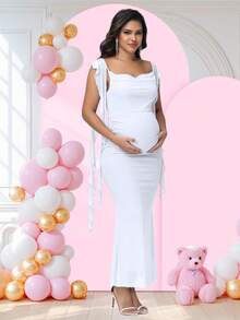 JustVH Maternity Draped Neck Ruffle Long Dress For Baby Shower Photoshoot - White - View 3