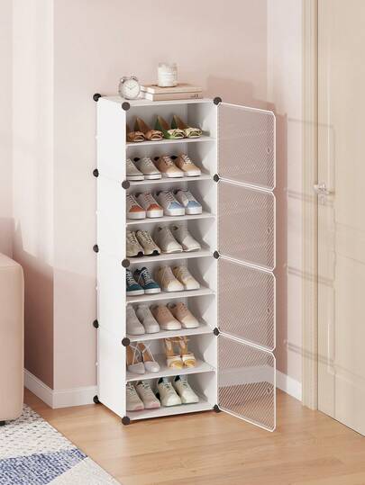Zapatero con puerta, gabinete de zapatos de varios niveles, estantería de almacenamiento de zapatos de plástico, adecuado para armarios, pasillos, dormitorios, entradas