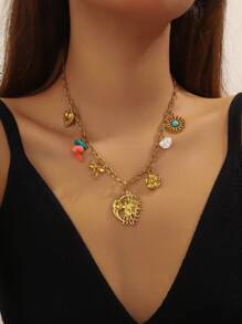 1 Multi-Element Personalized Asymmetrical Moon Pendant Pasted With Turquoise Sunflower, Heart-Shaped Pearl, Colorful Crushed Stone Accessories Chain, Stainless Steel Necklace
