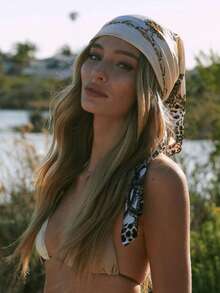 1pc Simple Printed Satin Square Scarf, New Spring Fashion Bandana For Women, Can Be Used As Belt,Bag Decoration,Ribbon,Headband Or Headscarf Bandana,Hair Band,Head Band Ideal For Dressing Up Your Look - Beige - View 3