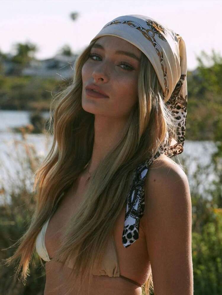 1 pieza Pañuelo cuadrado de satén con estampado simple, nueva moda primaveral de pañuelo para mujer, se puede usar como cinturón, decoración de bolso, cinta, diadema o pañuelo, cinta para el cabello, ideal para realzar tu look - Beis - Añade 2