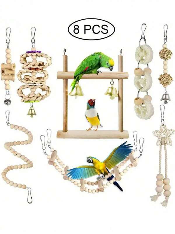 Set di 8 pezzi di giocattoli per pappagalli per pappagalli piccoli e medi, combinazione di giocattoli per uccelli da compagnia, articoli per uccelli divertenti e intellettuali, accessori per gabbie per uccelli