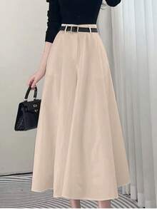 Solid Color High Waist Skirt With Pockets On Both Sides And Wide Hem - Beige - View 1
