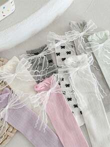 Kids' Lace Ribbon Bow Mesh Breathable Socks, Lace Trim Mid-Calf Socks, Polyester, All Season - Multicolor - View 6