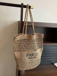 New Embroidery Letter Hollow Straw Handbag, Women Large Capacity Handmade Woven Shoulder Bag, Water Bucket Basket Tote Bag - Khaki - View 4