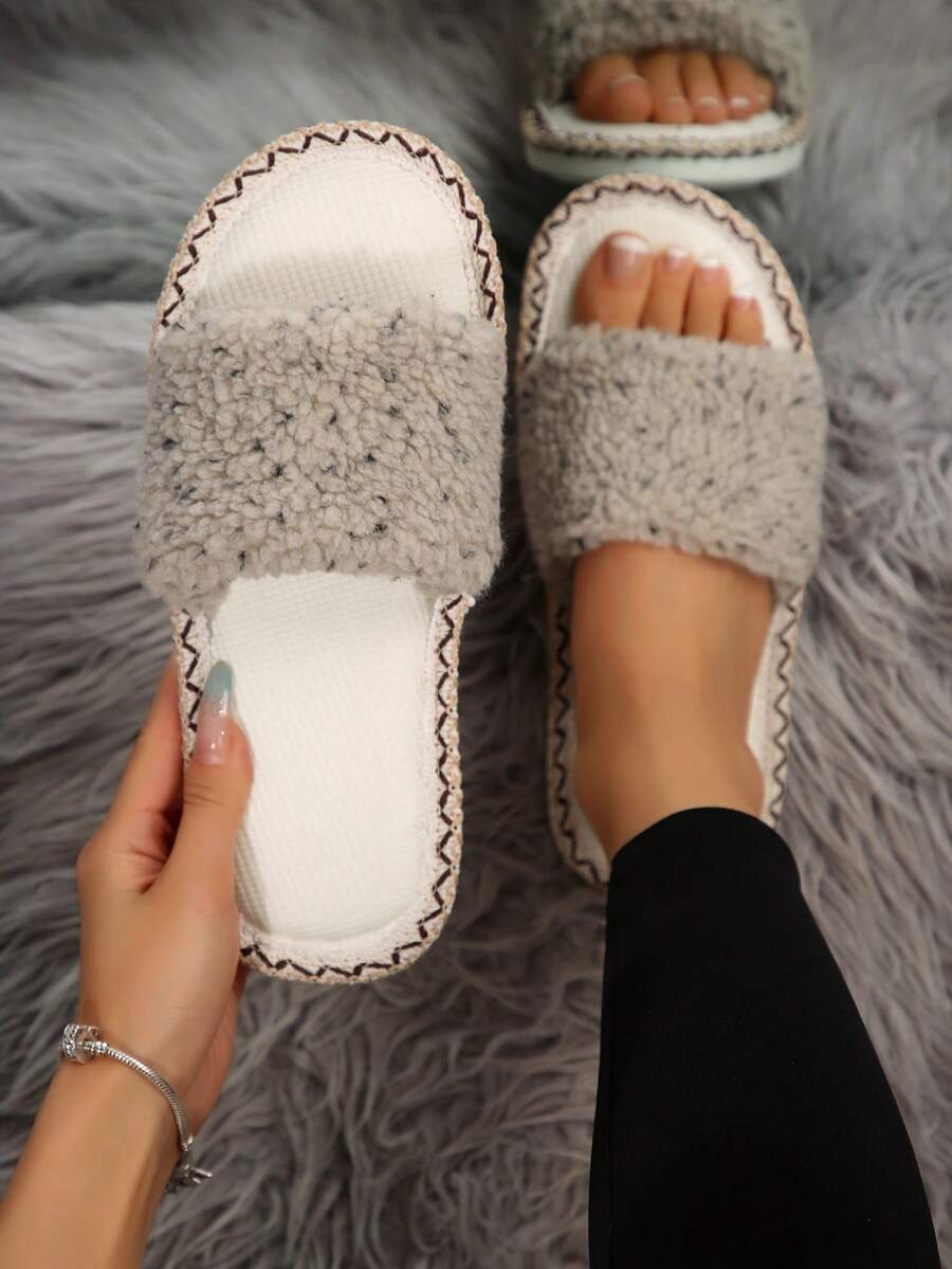 女士简约时尚拖鞋，圆头，舒适保暖，一脚蹬休闲室内/室外家居拖鞋，毛皮拖鞋，适合秋冬季
