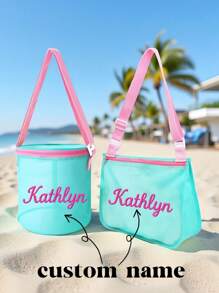 Personalized Mesh Beach Bag Set – Custom Name Seashell Bags For Kids,Bucket & Shoulder Style Summer Pool Tote Combo