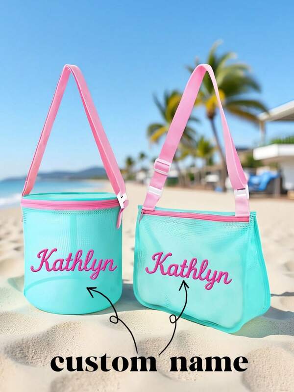Personalized Mesh Beach Bag Set – Custom Name Seashell Bags For Kids,Bucket & Shoulder Style Summer Pool Tote Combo