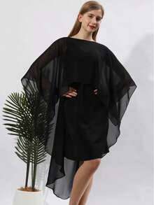 Cardigan Bolero sem mangas em chiffon transparente de cor sólida, verão - Preto - Ver 3