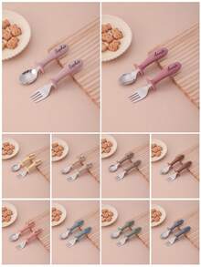 2PCS Personalized Customization Name Children Tableware Set Silicone Spoon Fork Handle Set With Stainless Steel Tips Training Cutlery Print On Demand Children Feeding Tools,Christmas Gift Supplies