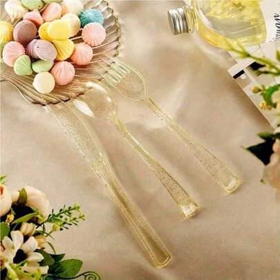 Juego de cubiertos con brillo dorado, incluye tenedores/cucharas, ideal para fiestas, eventos al aire libre, reuniones familiares, bodas, vacaciones, servir pasteles y ensaladas