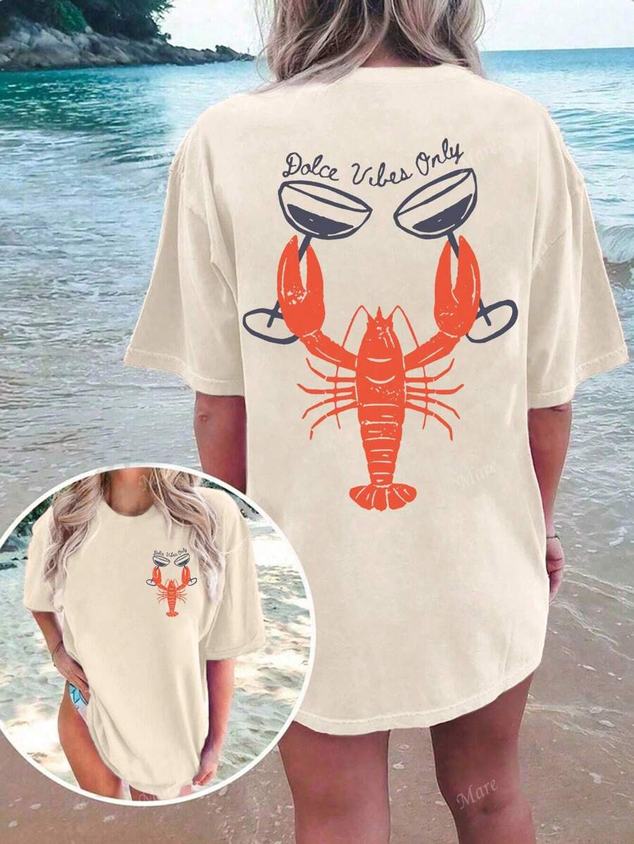 Lobster Illustration Of Sea Salt Soda Flavor, Women's Casual Loose Oversized Round Neck Short Sleeve T-Shirt, Summer Beach Outfits