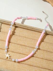 imoli 1 件海滩/度假风格软陶瓷串珠、海星和珍珠项链，彩色设计适合海滩、旅行、日常佩戴