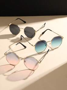 3 نظارات شمسية إطار كامل معدنية هندسية اللون بحماية أشعة فوق البنفسجية للنساء، مناسبة للتسوق في العطلات والتصوير الشارعي والعطلات الاستوائية على الشاطئ والمواعيد وغيرها من المناسبات، إكسسوار أزياء مثالي، حماية من الشمس للخارج والشاطئ، وأيضًا هدية رائعة للعائلة والأصدقاء - 3 قطع من مسحوق رمادي أخضر - مشاهدة 5