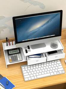 1pc Desktop Storage Rack Monitor Riser Stand For Computer Screen Office Desk Organizer Shelf - White - View 5