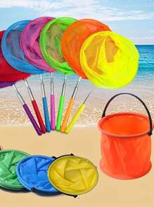 Set de 2 buc pentru pescuit de plajă de vară - Găleată de pescuit pliabilă portabilă cu plasă telescopică din oțel inoxidabil, plasă de prindere a insectelor de grădină cu fluturi, plasă mini colorată pentru curățarea piscinei, potrivită pentru exterior, piscină, plajă, călătorii, camping, picnic, explorare a naturii în aer liber, petrecere în grădină