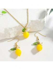 3pcs/Set Summer Fresh & Sweet Girl Lemon Necklace & Earrings, Floral, Leaf, Fruit Pendant Necklace & Earring Jewelry Set - Multicolor - View 6