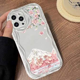 1pc Cherry Blossom & Snow Mountain Frame Soft Transparent Phone Case, Gorgeous Japanese Style Embossed Design Compatible With Apple/ Series