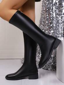 女士中筒靴，时尚踝靴，纯色通勤优雅仿皮中筒靴，办公室和户外平底低跟靴，一脚蹬弹力皮靴