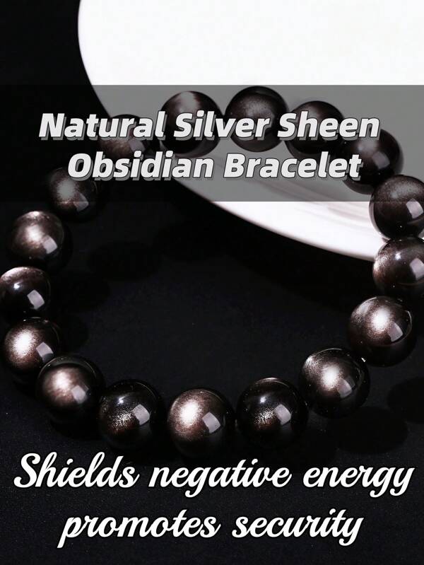 1 pieza Pulsera de cuentas de obsidiana negra natural, joyería de piedras preciosas de color plateado para hombres, protección contra la energía negativa, adecuada para uso diario, reuniones, fiestas y eventos formales