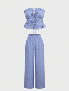 2 件女式条纹裤和条纹前系带荷叶边下摆短款上衣，蓝色和白色 - 藍白色 - 查看 4