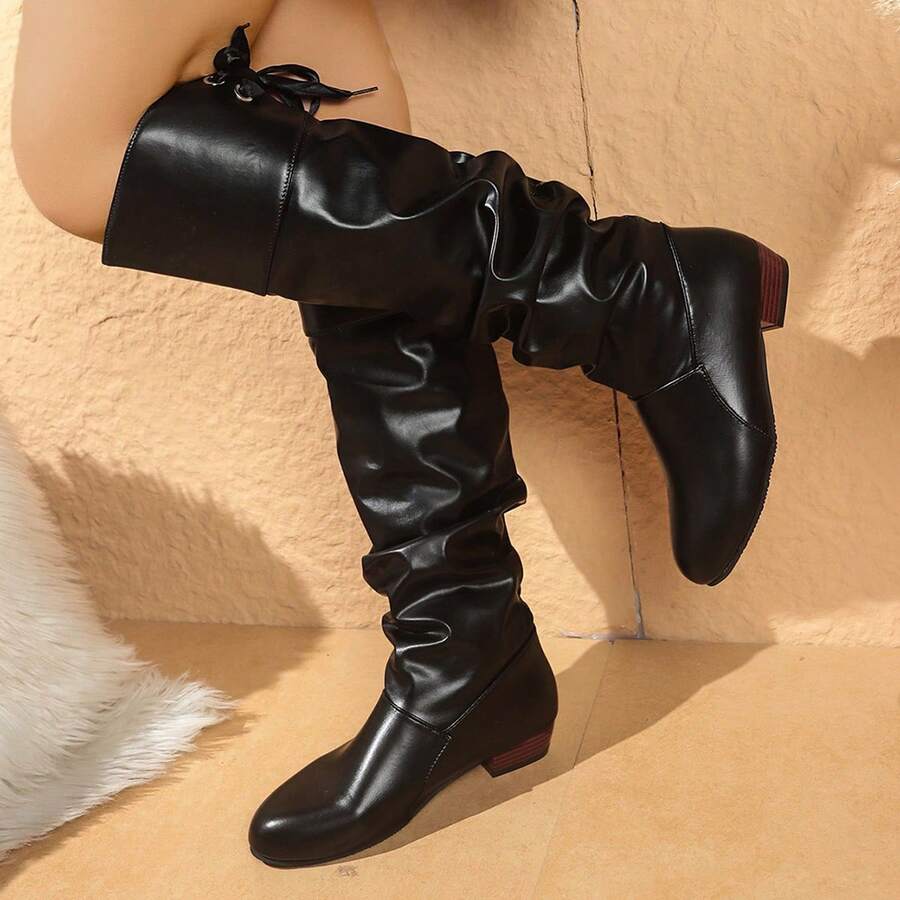 Women's Fashion Black Knee-High Wedge Boots - Comfortable Slip-On, Thick Sole, Round Toe Design, Suitable For Casual Wear And Travel, High Heel Boots, Classic Simple Design, Fabric Lining - 黑色 - 查看 1