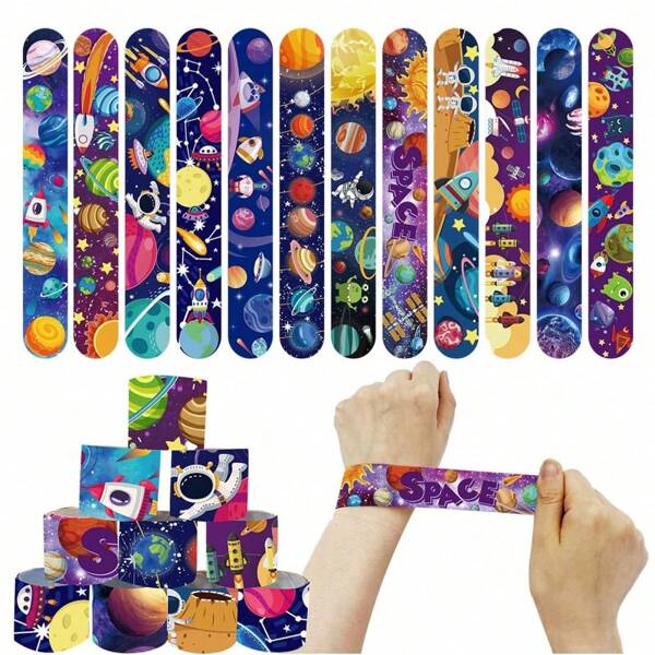 24Pcs Space Slap Bracelets New Design Space Toys Bands With Planet Snap Bands, 12 Different Design Pattern, Outer Space Party Decorations Favors