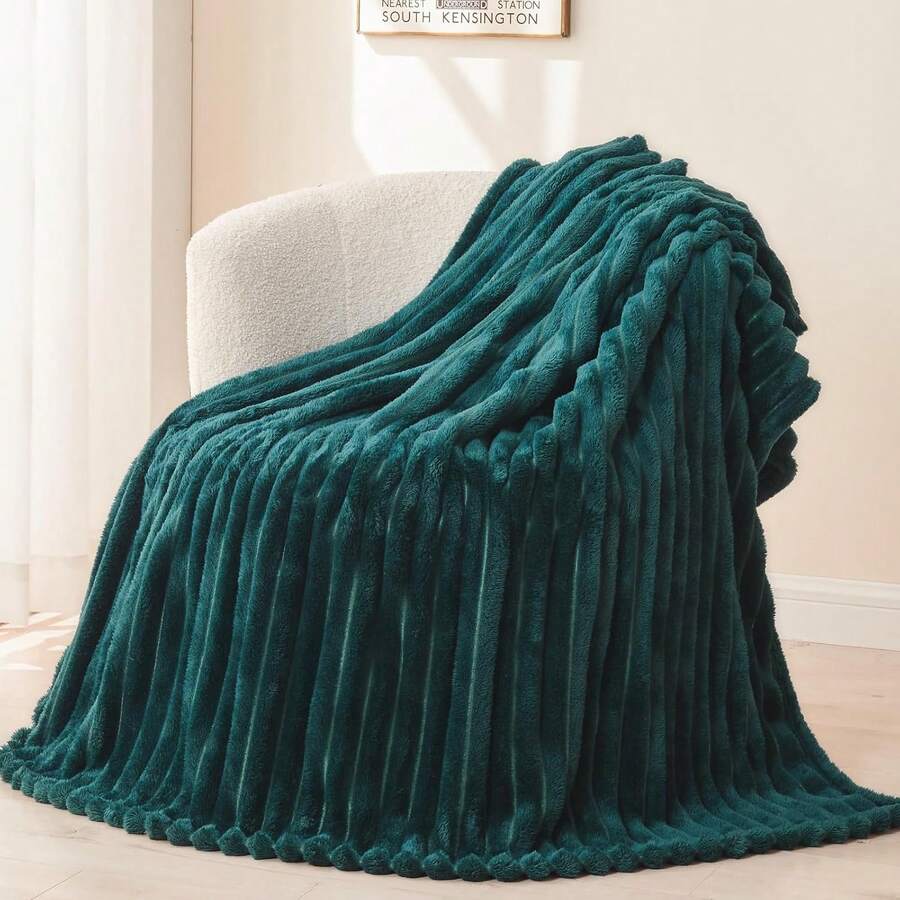 Super Soft King Blanket Pink Premium Silky Flannel Fleece 3D Ribbed Jacquard Lightweight Bed Blanket All Season Use (Pink Ribbed, King(90"X110")) - 深青色羅紋 - 查看 1