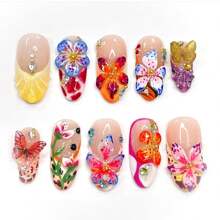 24 piezas de almendras medianas con estampado de flores 3D de verano, encantos de rosa dorado brillante con puntas francesas para mujeres con diseño floral colorido y vacaciones en la playa