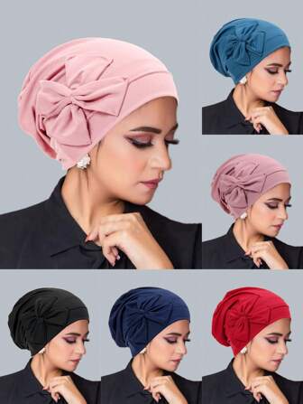1pc New Style Chemo Headwrap Hat With Bow Headband, Women Simple Solid Color Beanie Cap
