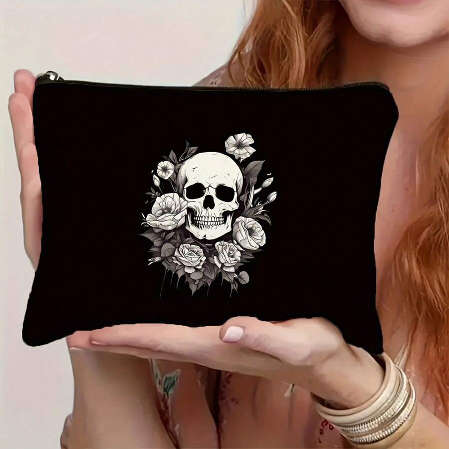 Gothic Skull & Floral Pattern Cosmetic Bag - Perfect Gift For Unique Women, Sisters, Girls And Nieces - Makeup And Travel Organizer Pouch - Ideal For Christmas, Thanksgiving, Halloween, Birthday
