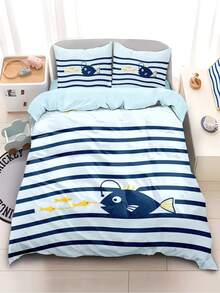 4 件套卡通鲨鱼吃虾印花床上用品套装，包括 1 件羽绒被套 + 2 件枕套 + 1 件床单，适用于宿舍/儿童房的单人床，男孩/女孩