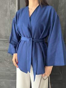 亚麻纯色休闲优雅系腰交叉腰带 - 藍色 - 查看 2