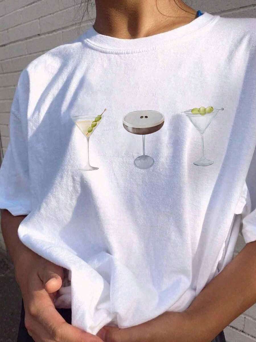 IXOEIS Women's Casual T-Shirts, Women's Casual Round Neck T-Shirts, Martini T-Shirts, Sparkling Water, Martini Patterns, Suitable For Various Occasions Such As Beach, Vacation, Home, Dating, Daily Outings, Etc.
