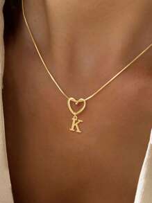 1pc New Gold Color Hollow Heart Initial Pendant Stainless Steel Herringbone Chain Necklace For Women