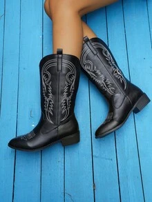 Giày bốt cao bồi màu khối kiểu phương Tây cỡ lớn Fairycore cỡ trung 2025 Bộ sưu tập mới Xuân/Hè Thu Giáng sinh và năm mới Ngày lễ tình nhân Giày mùa xuân - màu đen - Xem 3