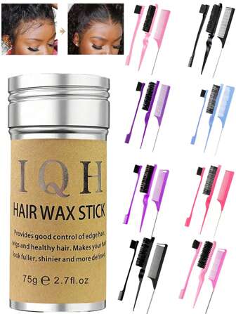 IQH Set de 4 peines con cera para el cabello: 1 Barra de cera para el cabello sin grasa que da un fuerte agarre y hace que el cabello luzca ordenado y pulido, 1 Cepillo para mantener suaves los bordes del cabello, 1 Peine para peinar y domar el frizz