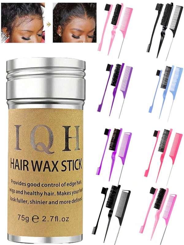 IQH 4 Peças Conjunto de Pente e Cera de Cabelo, 1 Peça Barra de Cera de Cabelo para Penteado sem Gordura, Pomada para Cabelo com Fixação Forte Deixa o Cabelo Arrumado e Limpo, 1 Peça Escova de Contorno para Manter as Bordas do Cabelo Lisas, 1 Peça Pente para Penteado Alisado, Controle das Bordas e Tranqueza de Cabelos Rebeldes do Bebê