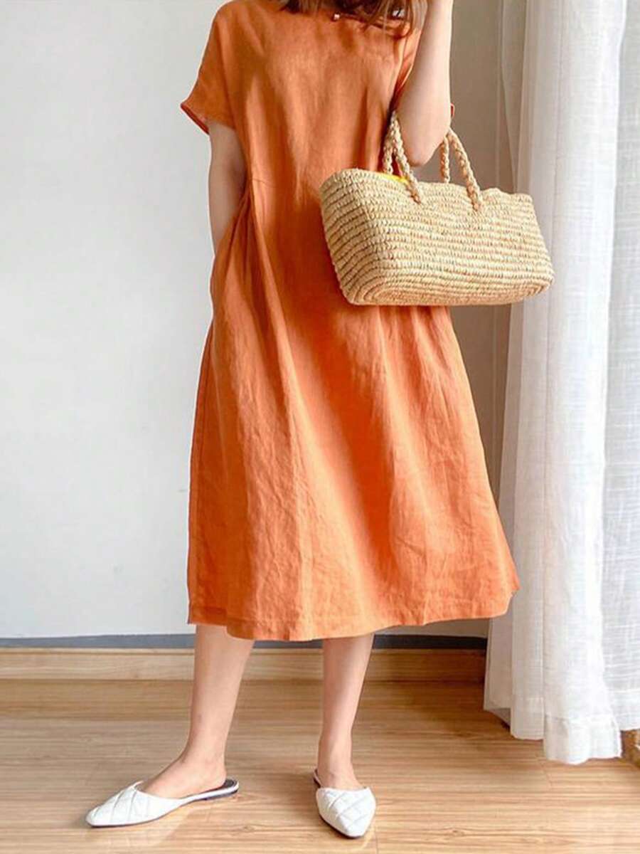 Womens Summer Cotton Linen T Shirt Dress Casual Loose Fit Crewneck Short Sleeve Solid Color Midi Dresses With Pockets - trái cam - Xem 1