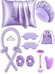12件套睡眠美发造型工具套装，1个卷发棒，1个真丝枕套（呵护秀发和肌肤），真丝免加热卷发套装，隔夜卷发棒，1个柔软睡眠眼罩，1个双头滚轮按摩器，1个心形刮痧板，返校季必备，卷发器，卷发梳，卷发棒，卷发产品，卷发器，卷发产品 - 紫色 - 查看 2