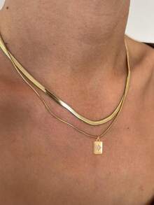 Nooxian 2pcs/Set Women Stainless Steel Snake Chain & Cubic Zirconia Star Pendant Necklace Set, Layered Wear Daily Style - Yellow Gold - View 6