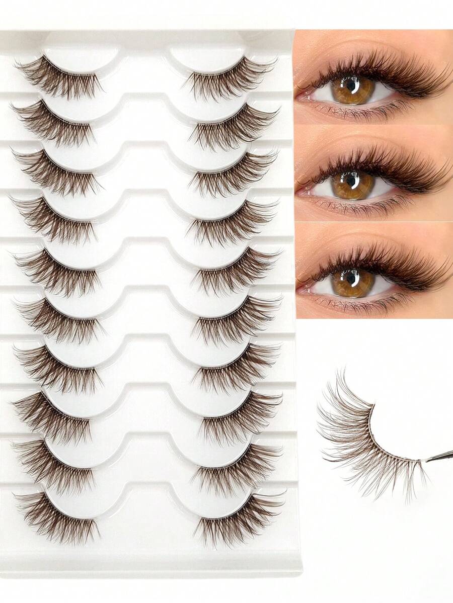 Asiteo 10 Pairs Brown Half-Strip Eyelashes, Fluffy & Soft, Delicate & Wispy, 3D Faux Mink Lashes, Cat Eye Style, Naturally Elongates Outer Corners, Transparent Lash Band, Suitable For Daily Makeup, Reusable. - 眼尾拉長款 - 查看 1