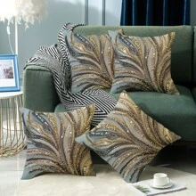 4pcs 18"X18" Modern Abstract Feather Design Pillow Covers - 2D Flat Print Plush Pillow Shams, Zippered, Mixed Color, Suitable For Living Room, Bedroom, Office And Holiday Gift (No Inner), Vintage Pillowcase, Bedroom Decor, Modern Decor, Elegant Style, Shiny Texture, 2D Flat (No Pillow Insert)