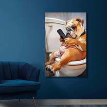 Framed Funny Bulldog Bathroom Wall Art, Dog On Toilet Decor, Humorous Pet Print, Unique Dog Lover Gift, Cute Animal Poster For Home,Room Decor And Wall Art