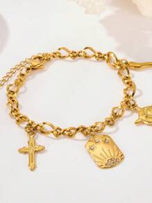 1 pieza de pulsera con dije de cruz y pentagrama de moda personalizado de varios elementos, pulsera con dije cuadrado pequeño de pimienta dorada, joyería para mujeres