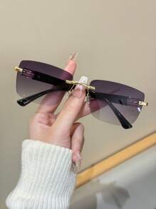 1 pièce lunettes de mode femme élégantes et de luxe à cadre métallique sans monture avec couleur dégradée, de style rétro et personnalité. Accessoires de plage parfaits pour les vacances d'été, les activités en plein air et les voyages.